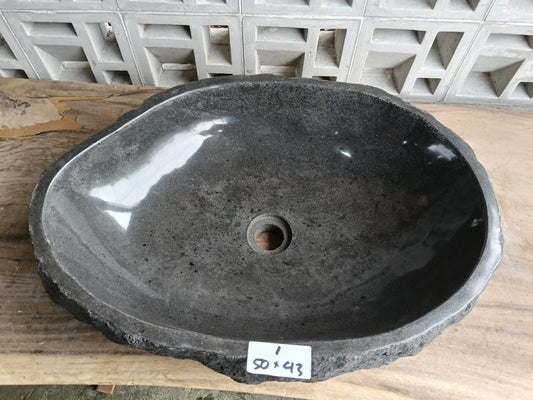 Top view of oval dark gray andesite stone sink ndz6001-5043
