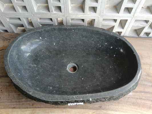 Top view of oval dark gray andesite stone sink with white speckles ndz6027-6544
