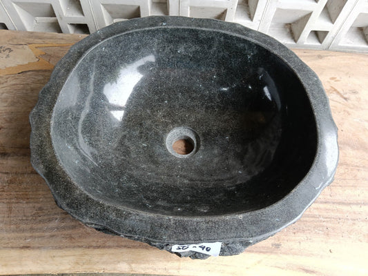 Top view of oval dark gray andesite stone sink with textured edge ndz6012-5040
