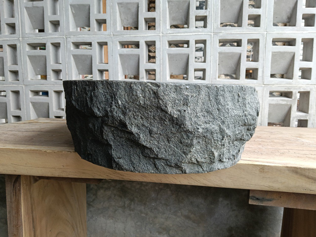 Back view showing natural split-rock exterior of andesite sink
