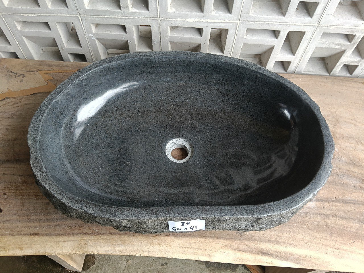 Top view of elongated oval dark gray andesite stone sink ndz6039-6041
