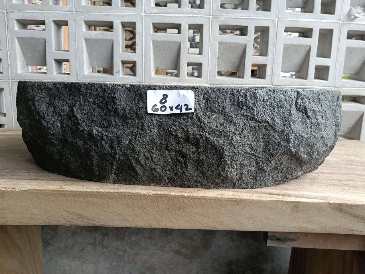 Front view of handcrafted oval andesite bathroom sink
