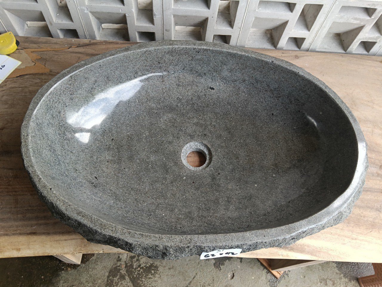 Top view of elongated oval dark gray andesite stone sink ndz6031-6242
