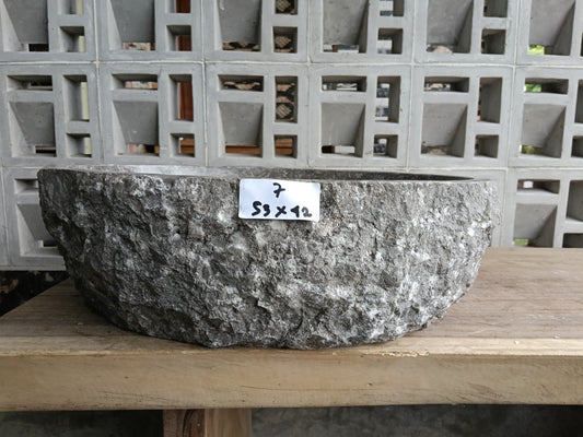 Front view of handcrafted oval gray marble bathroom sink
