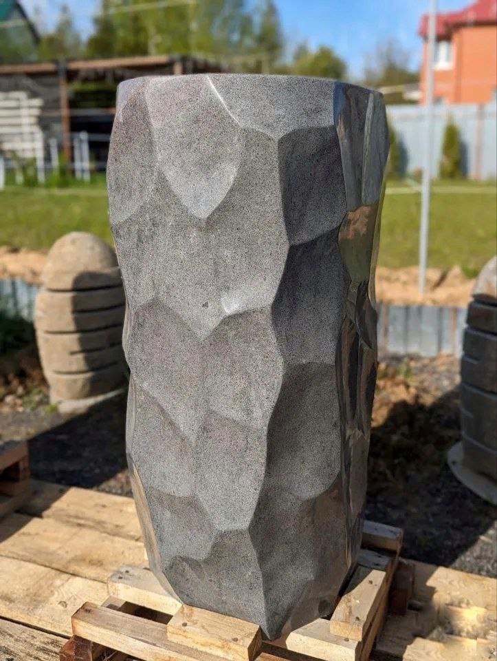 Full height view of 35 inch gray river stone pedestal sink
