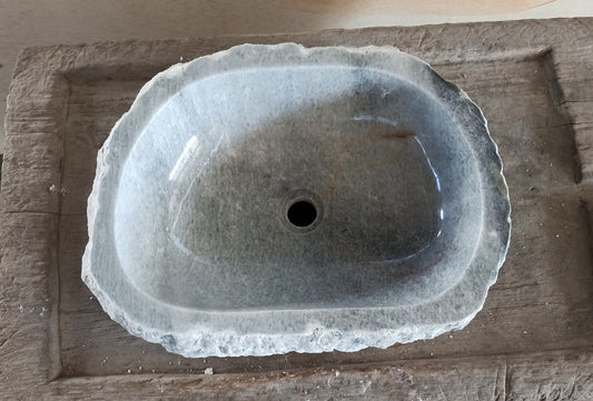 Top view of 5083-524016 gray onyx sink with polished interior and rough natural exterior, organic irregular shape.
