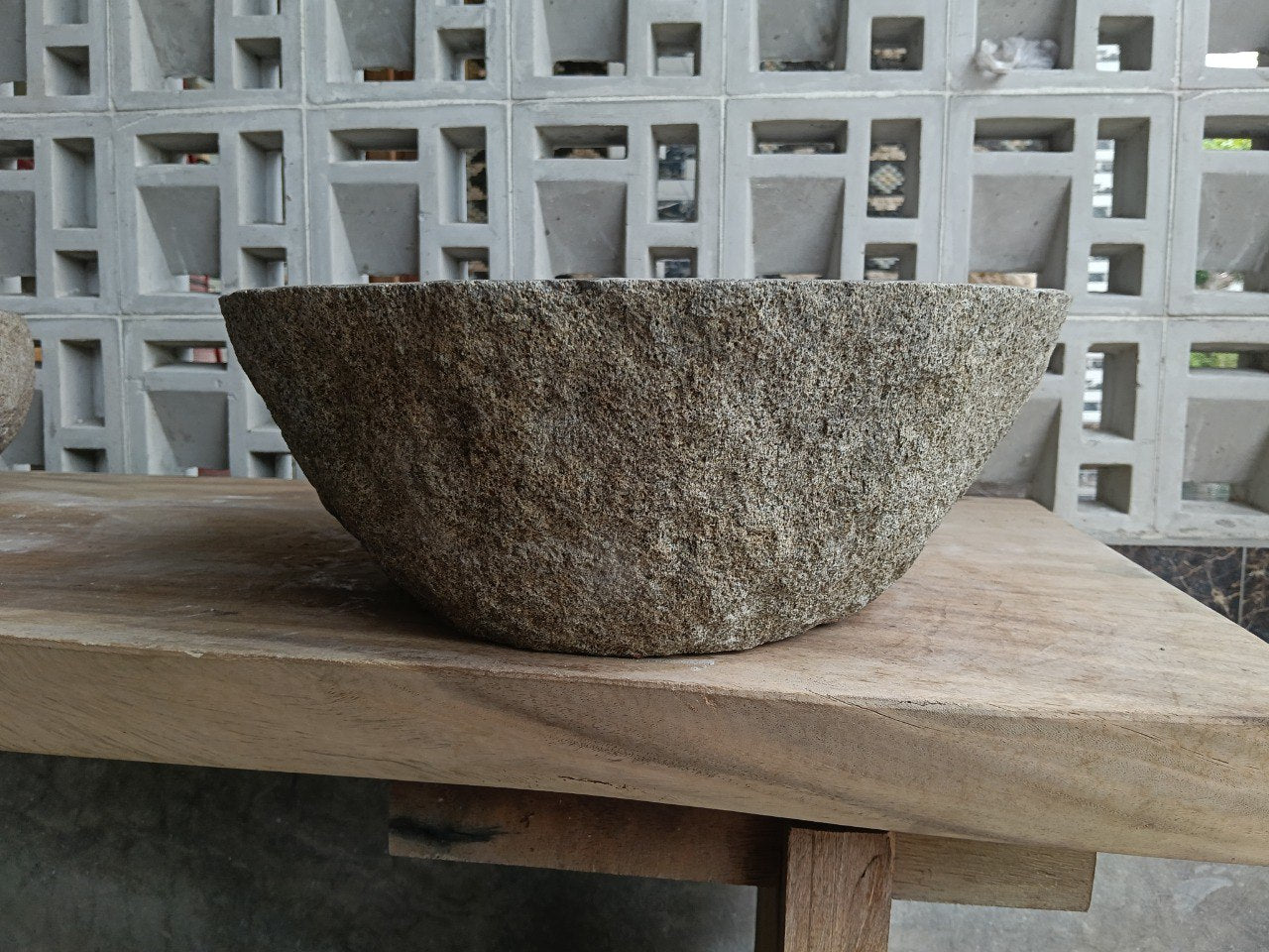 Right side of 6890-4744 natural stone sink, polished bowl and rustic surface
