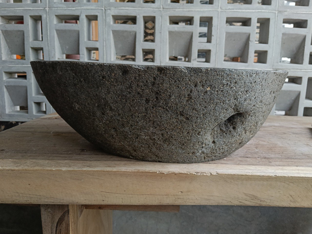 Back view of 6925-4733 handcrafted stone bathroom basin, raw mineral texture
