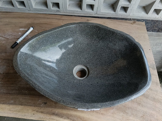 Top view of 6927-4533 graphite gray river stone sink with polished interior
