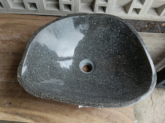 Top view of 6929-4538 graphite gray river stone sink with polished interior
