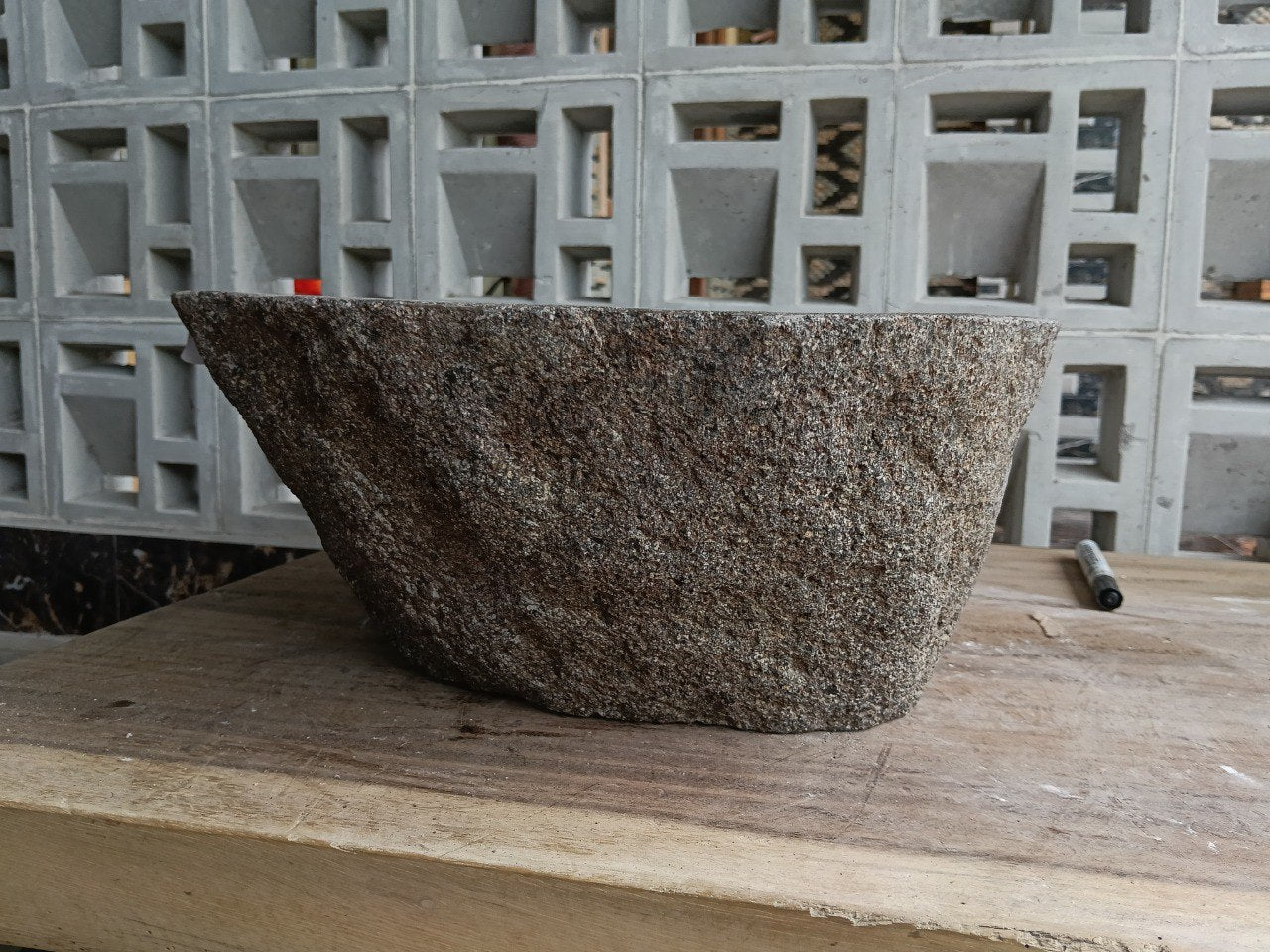 Right side of 6931-4735 organic stone vessel sink, gray exterior and brown-gray bowl
