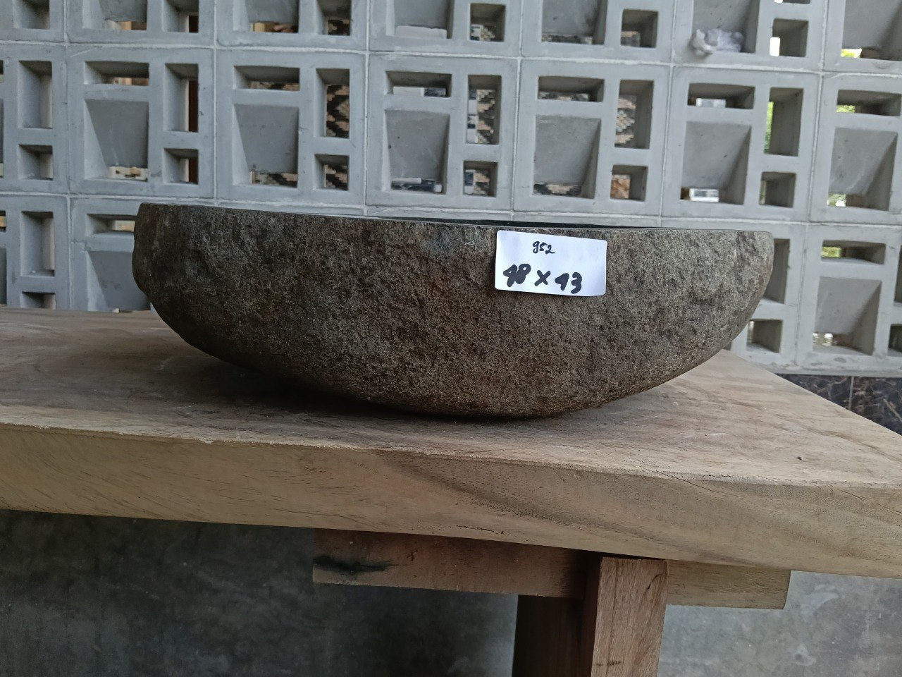 Front view of 6952-4843 natural river rock vessel sink, organic oval shape
