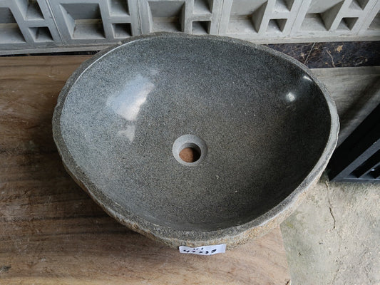 Top view of 6957-4739 dark graphite river stone sink, polished oval interior
