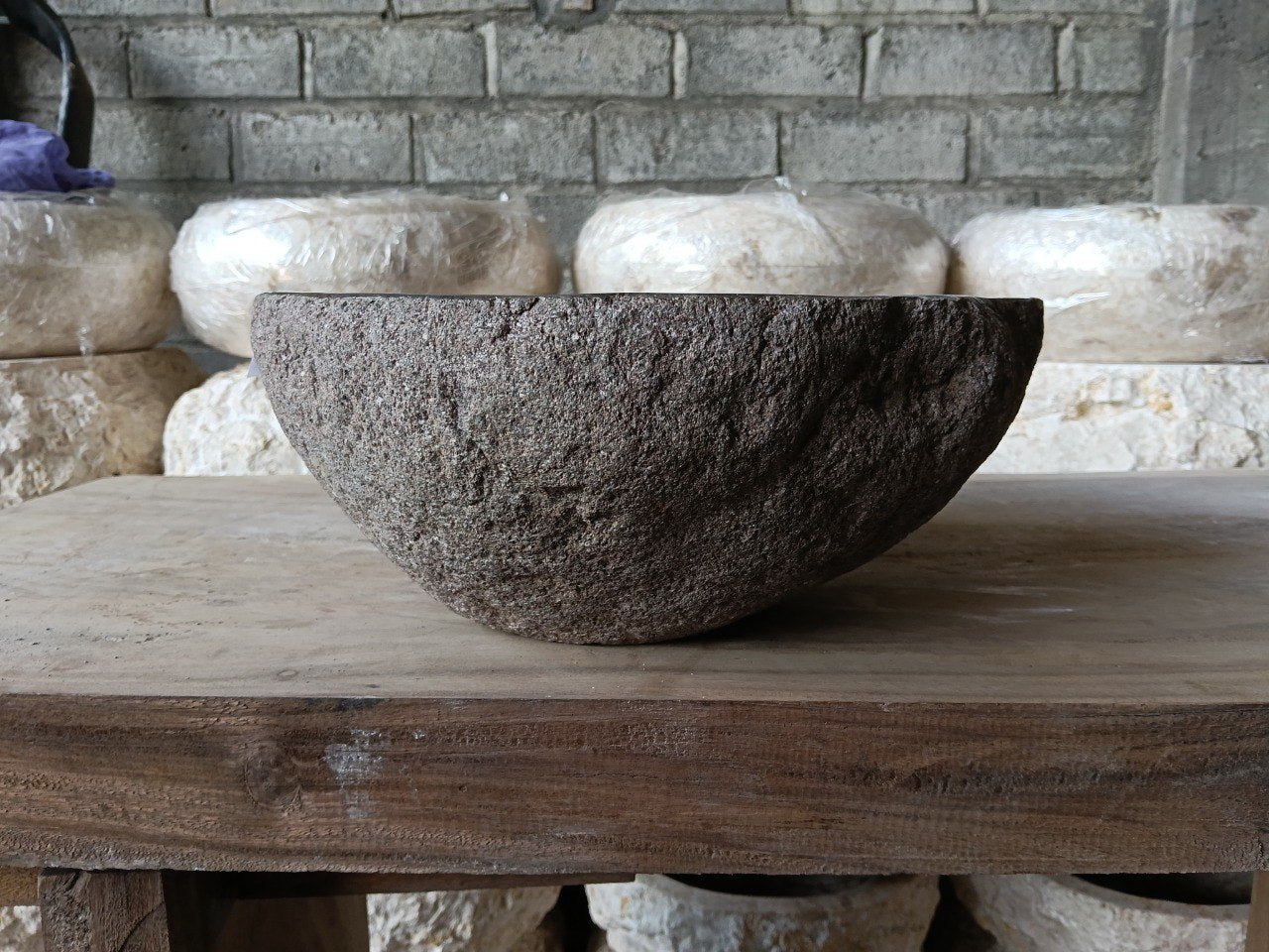 Right side of 6959-4136 oval stone vessel sink, polished brown bowl
