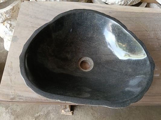 Top view of 6967-4436 dark charcoal river stone sink with polished interior

