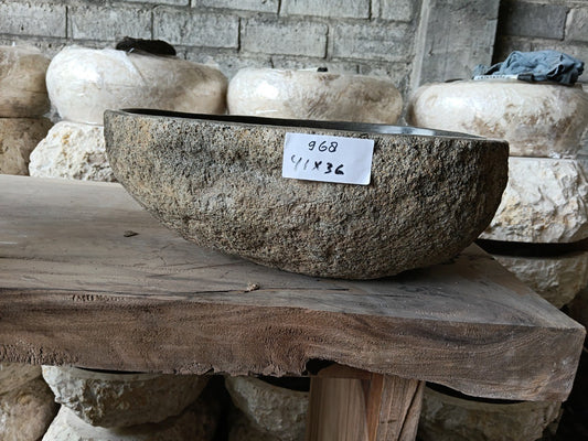 Front view of 6968-4136 natural river rock vessel sink, organic oval shape
