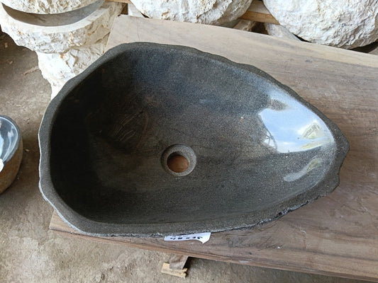 Top view of 6970-4835 dark gray river stone sink, polished triangular bowl
