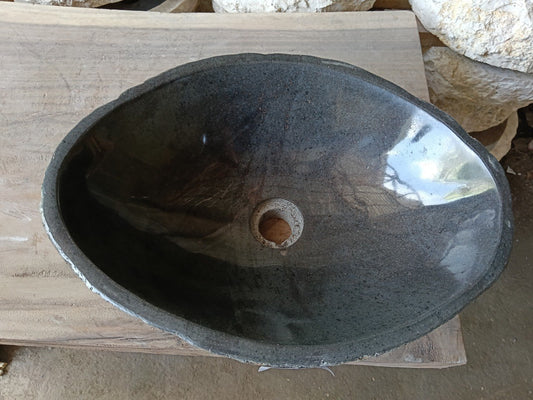 Top view of 6971-4835 dark graphite river stone sink, polished oval interior
