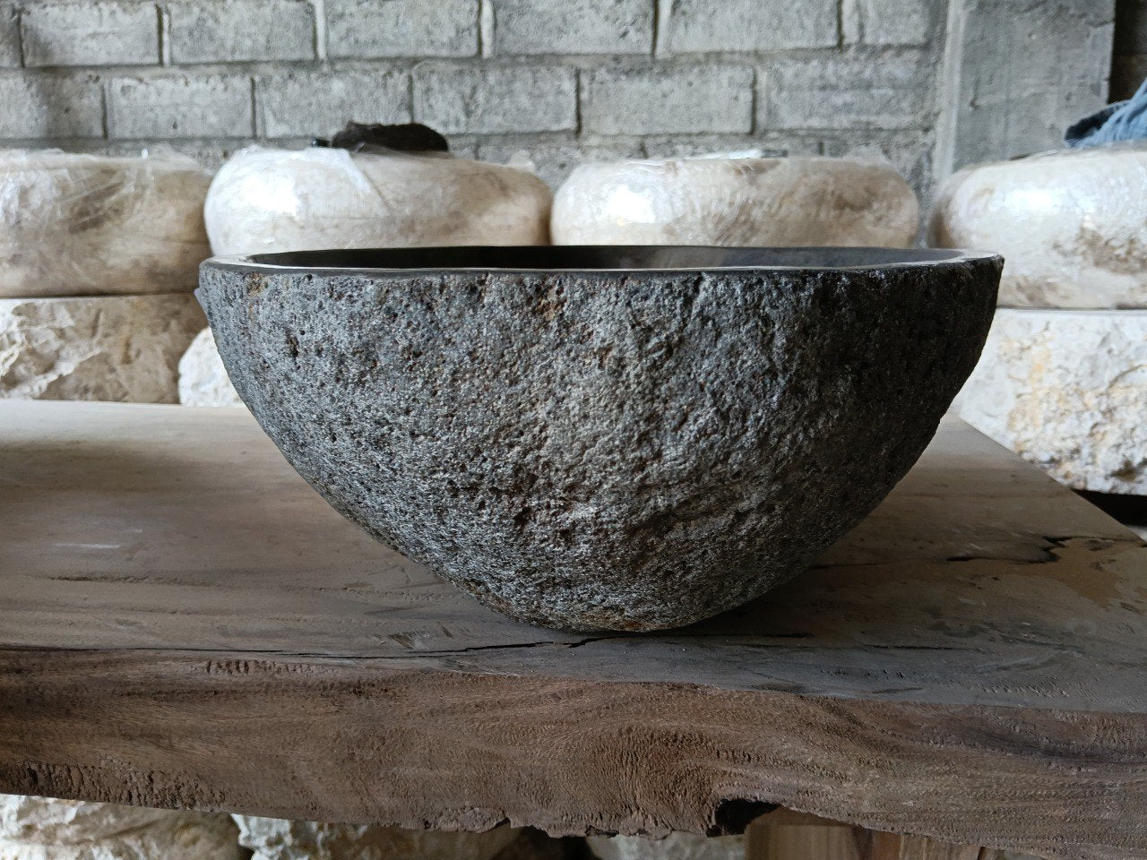 Right side of 6971-4835 natural stone sink, polished bowl and rustic exterior
