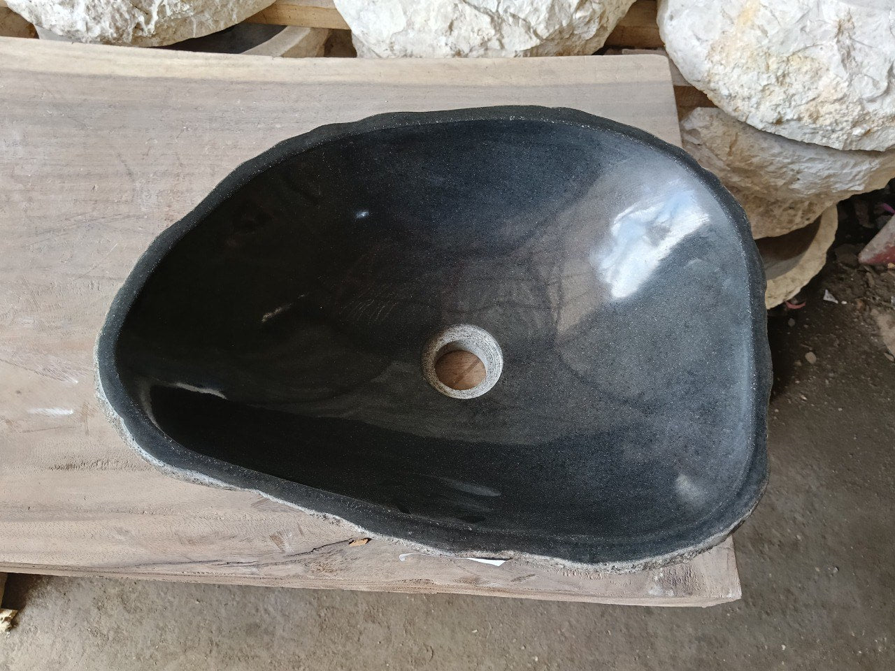 Top view of 6973-4635 dark graphite river stone sink, polished oval interior
