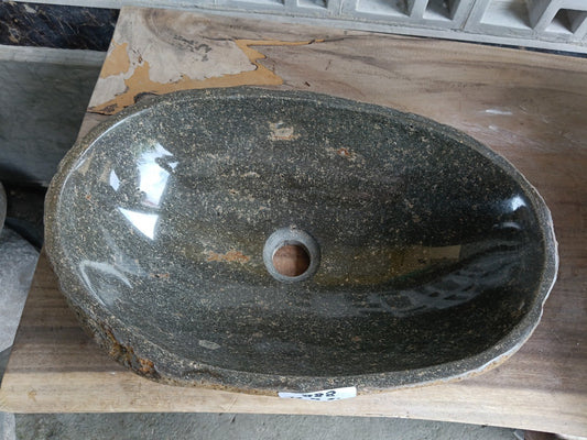 Top view of 6888-4931 river stone sink with polished dark olive interior
