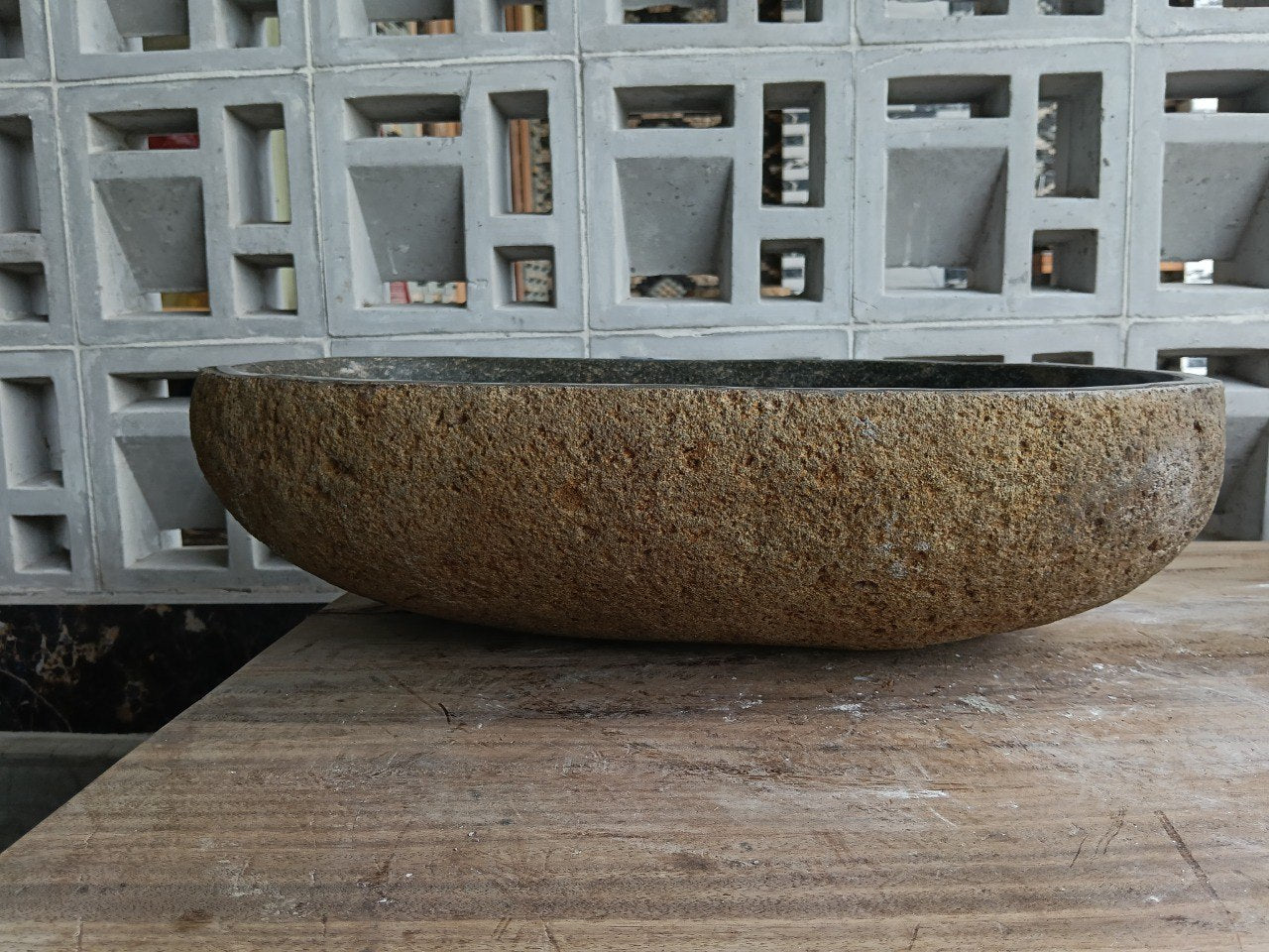 Back view of 6888-4931 handcrafted stone bathroom basin with elongated oval shape
