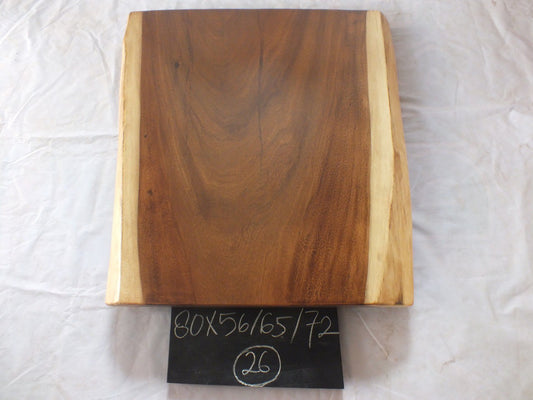 Top view of suar wood slab 0026-566572 with widening live edge shape and rich brown natural wood grain, solid single-piece countertop.
