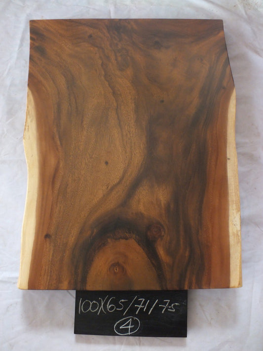 Top view of suar wood slab 0004-657175 with wide live edges and dramatic natural brown wood grain, solid single-piece countertop.
