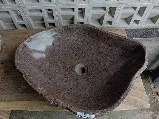 Top view of 6871-6349 reddish-brown river stone sink — handcrafted natural stone
