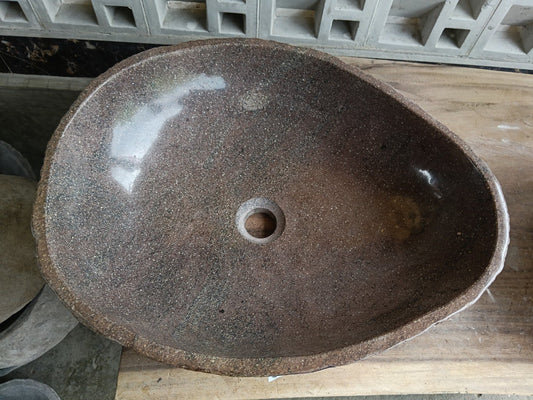 Top view of 6911-5342 brown-gray river stone sink — handcrafted natural stone
