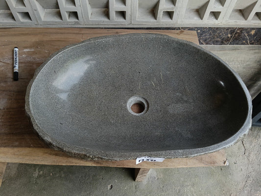 Top view of 6923-5940 graphite gray oval river stone sink — handcrafted natural stone
