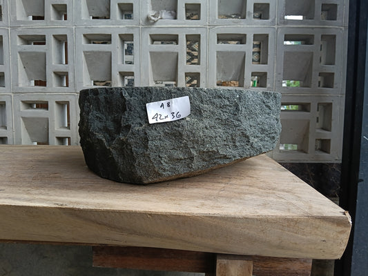 Front view of 60A8-4236 andesite vessel basin — polished interior and natural edge
