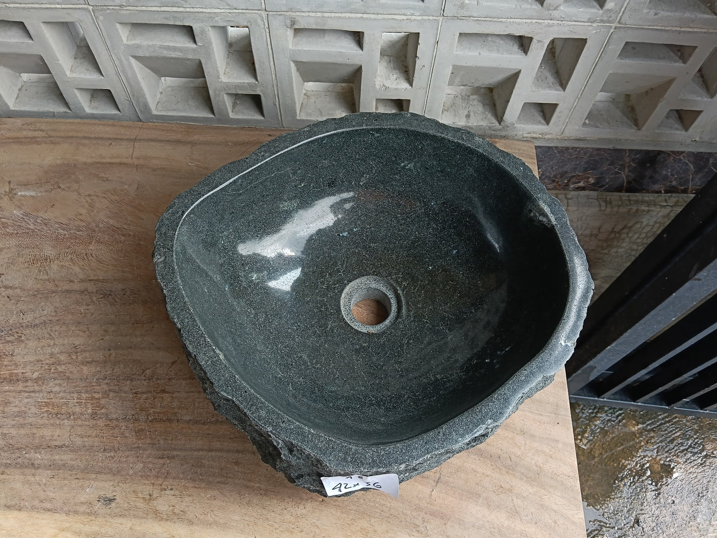 Top view of 60A8-4236 dark gray andesite stone sink — handcrafted natural stone
