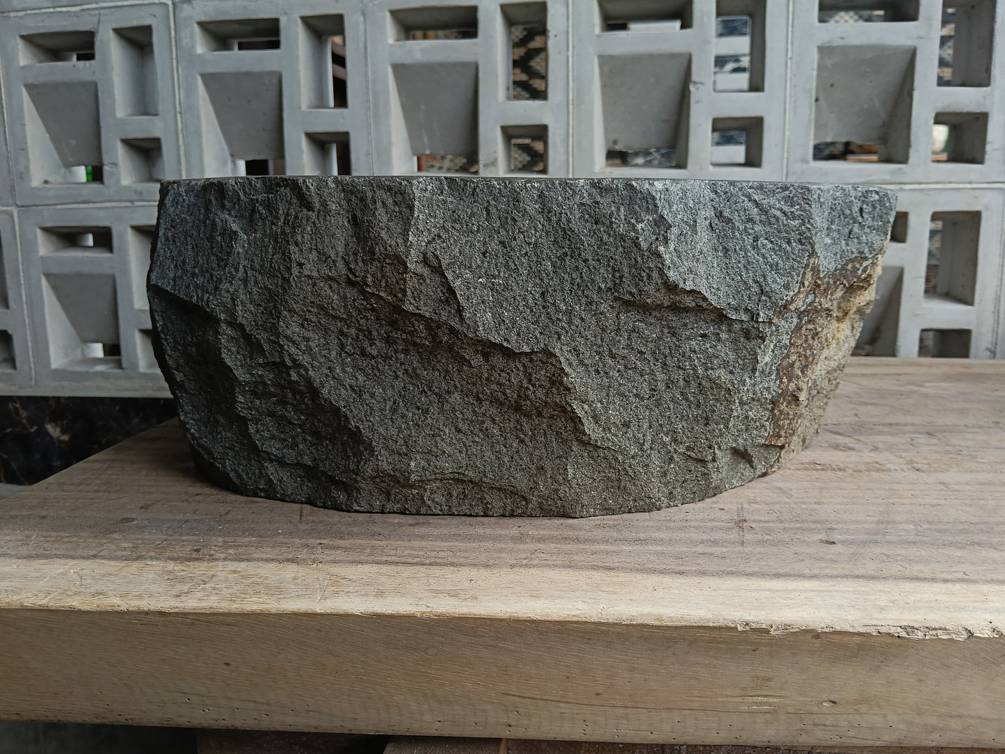 Back view of 6A10-4136 volcanic andesite stone sink — textured natural exterior
