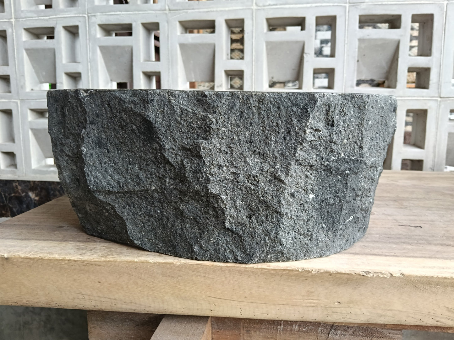 Left side of 60A1-4030 handcrafted dark gray andesite stone sink
