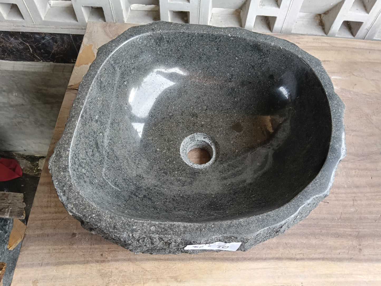 Top view of 60A1-4030 dark gray andesite stone sink — handcrafted natural stone

