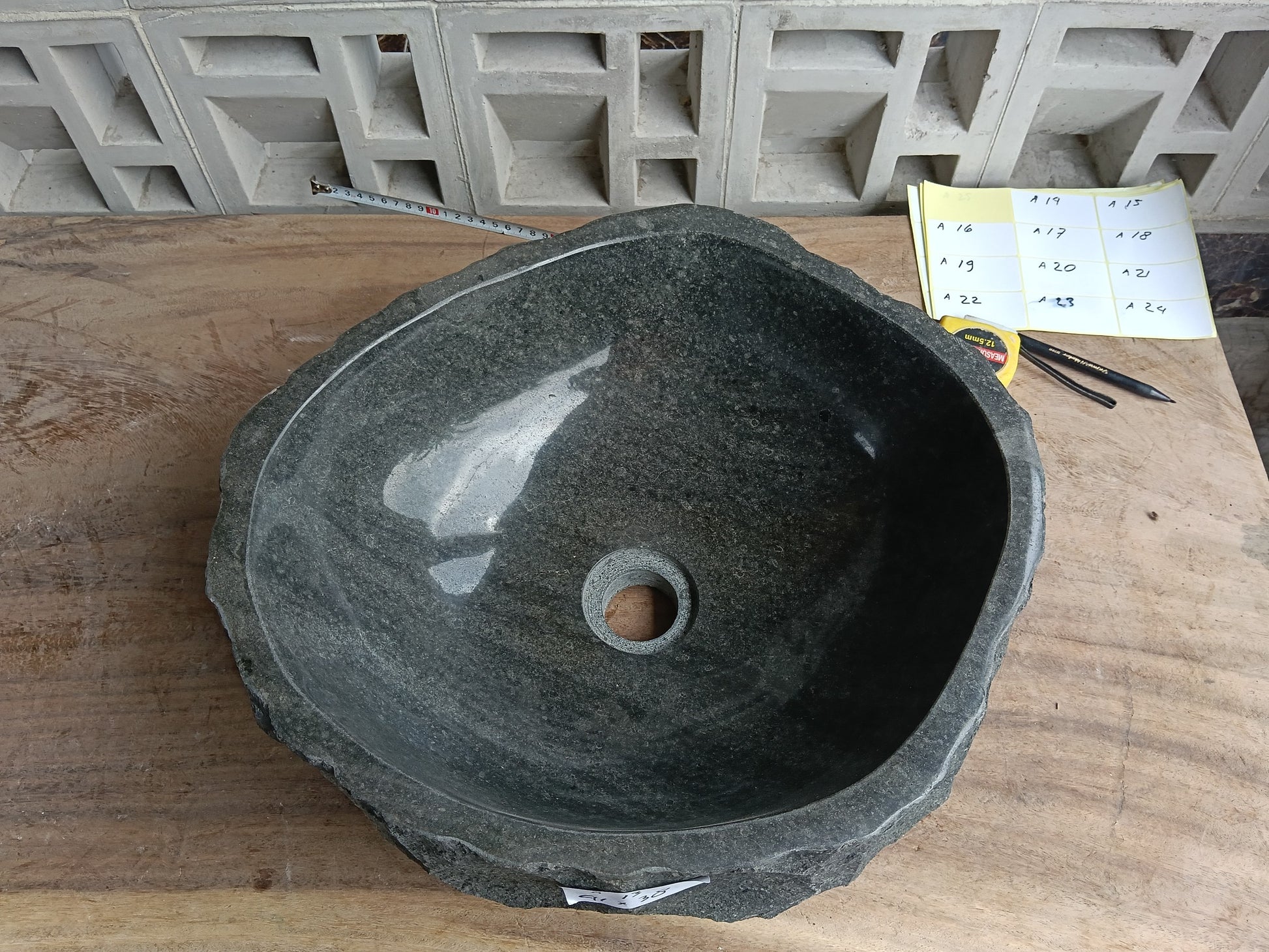 Top view of 6A13-4138 dark gray andesite stone sink — handcrafted natural stone
