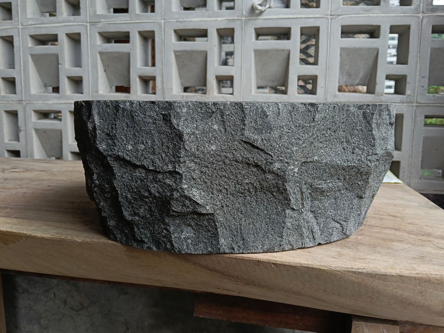 Back view of 6A14-4237 volcanic andesite stone sink — textured natural exterior
