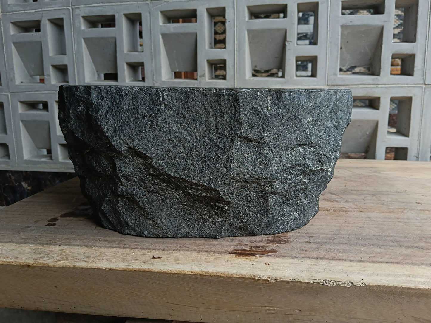 Left side of 6A15-3734 organic rectangular andesite stone sink
