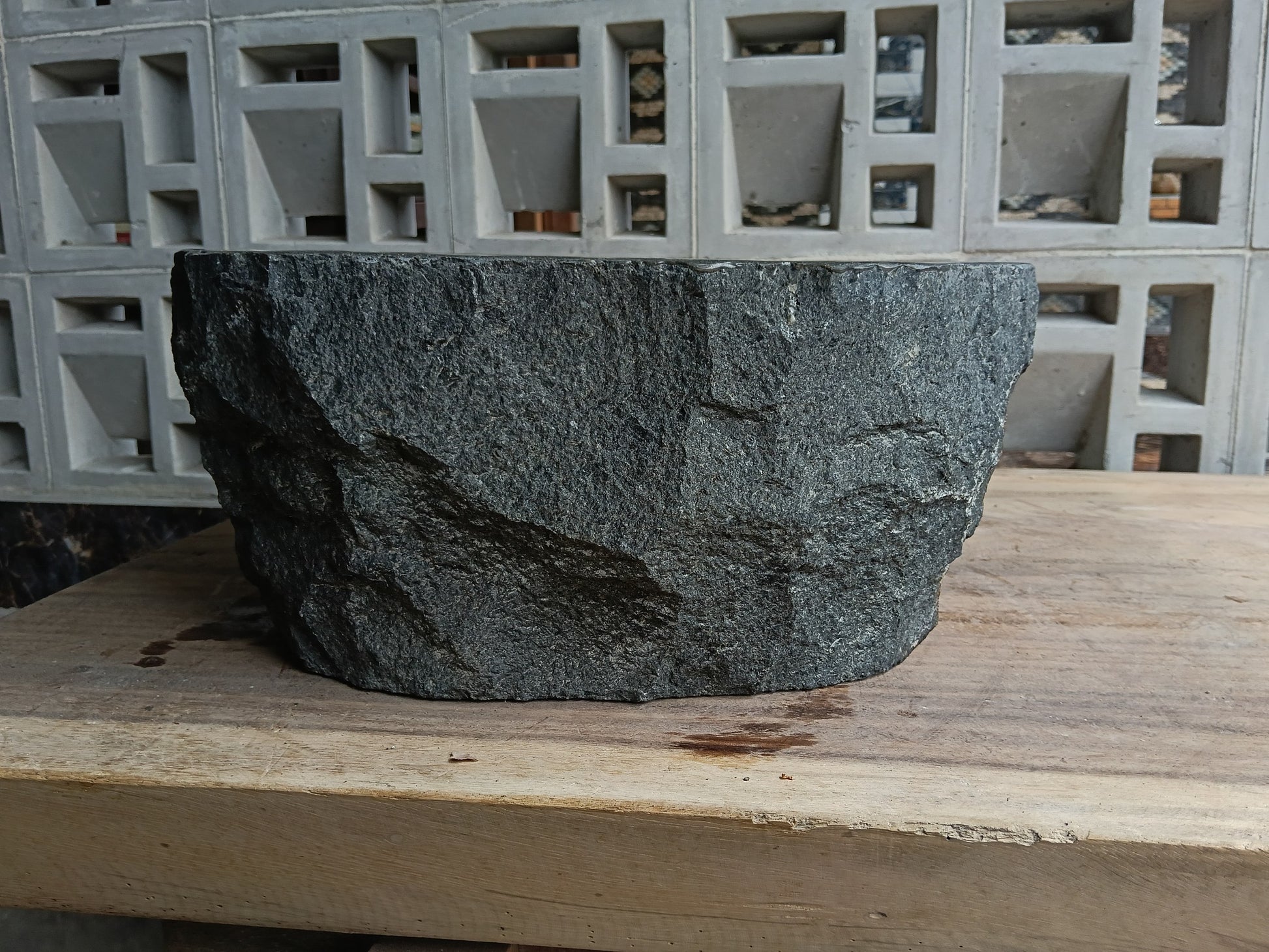 Left side of 6A15-3734 organic rectangular andesite stone sink
