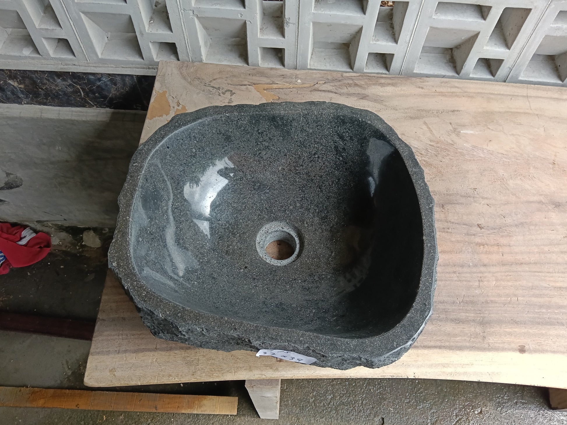 Top view of 6A15-3734 graphite andesite stone sink — handcrafted natural stone
