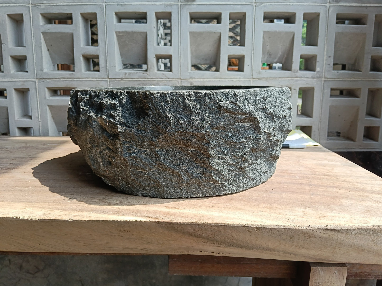 Back view of 6A16-4137 volcanic andesite stone sink — textured natural exterior
