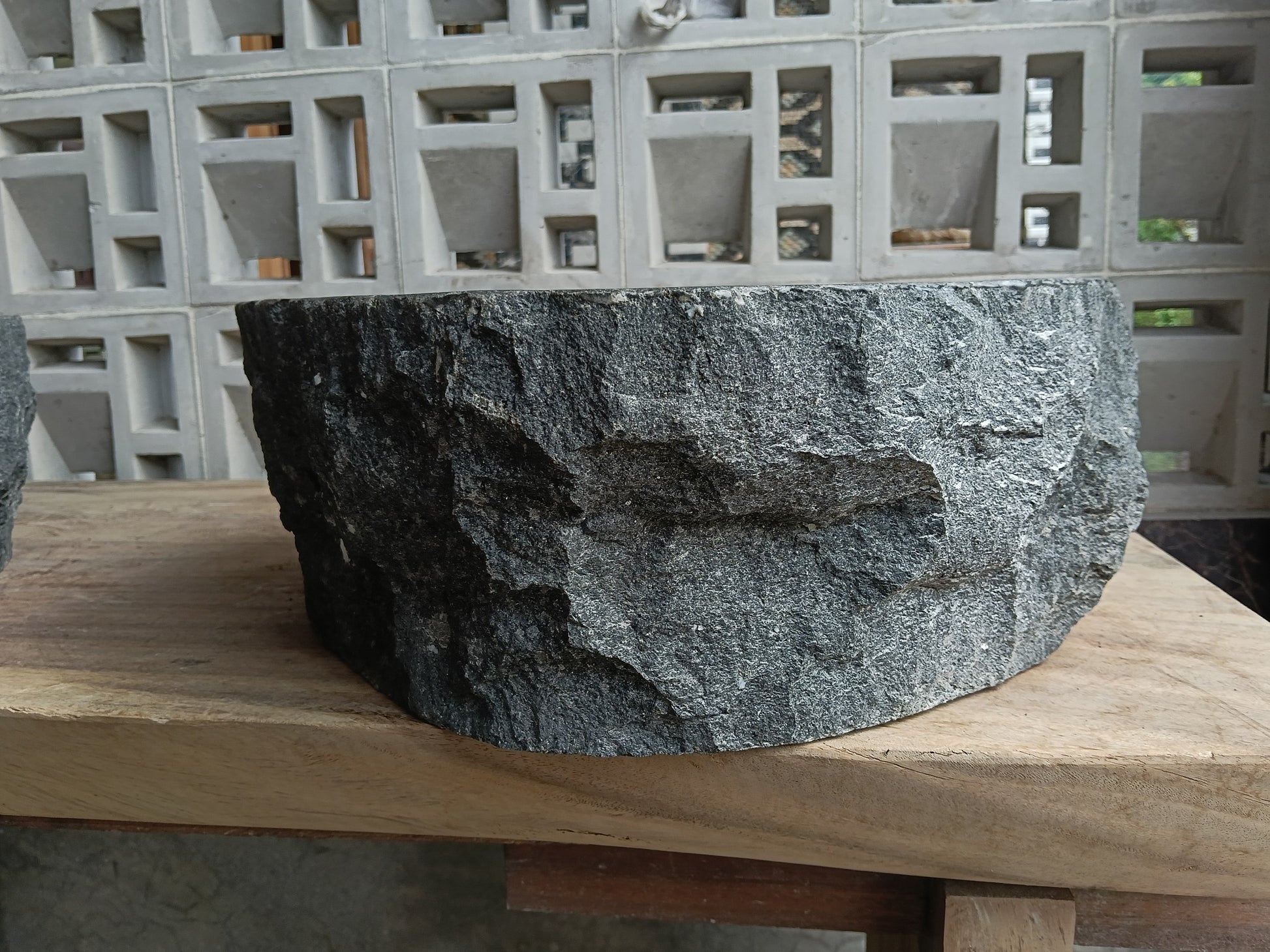 Right side of 6A17-4238 handcrafted andesite vessel — natural graphite texture
