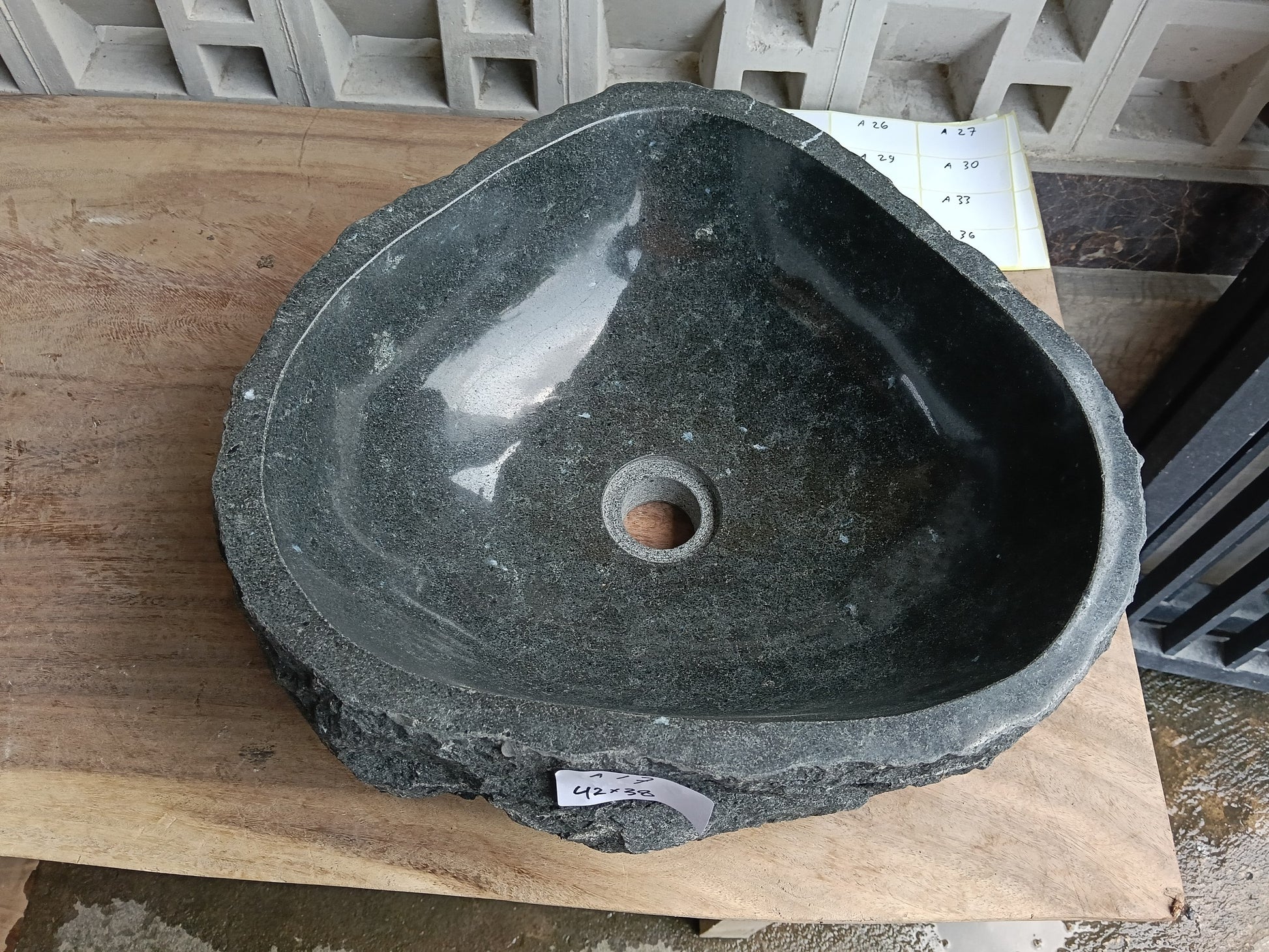 Top view of 6A17-4238 graphite andesite stone sink — handcrafted natural stone
