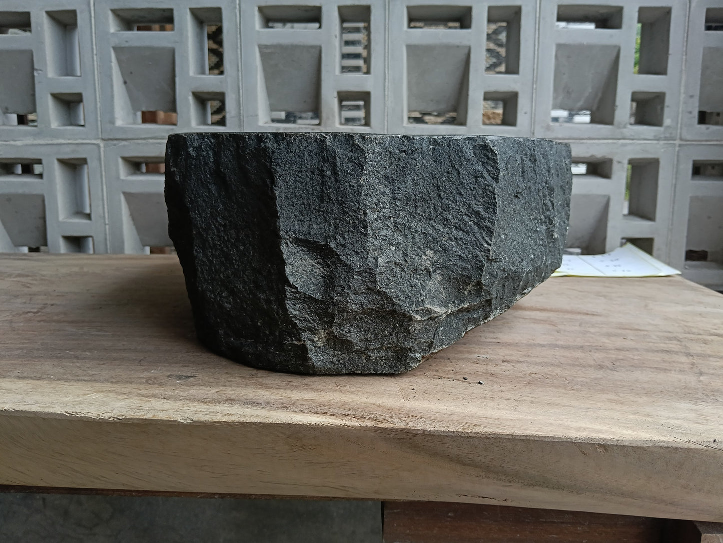 Right side of 6A19-4136 handcrafted andesite vessel — natural graphite texture
