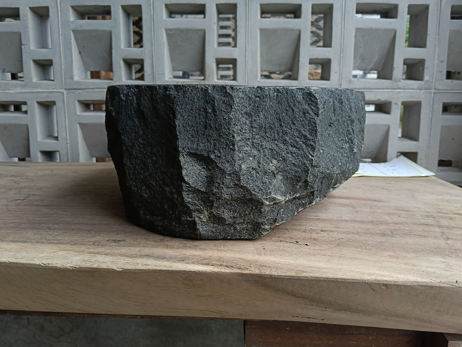 Right side of 6A19-4136 handcrafted andesite vessel — natural graphite texture
