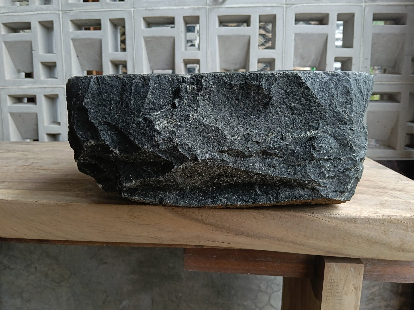 Left side of 6A19-4136 organic oval andesite stone sink
