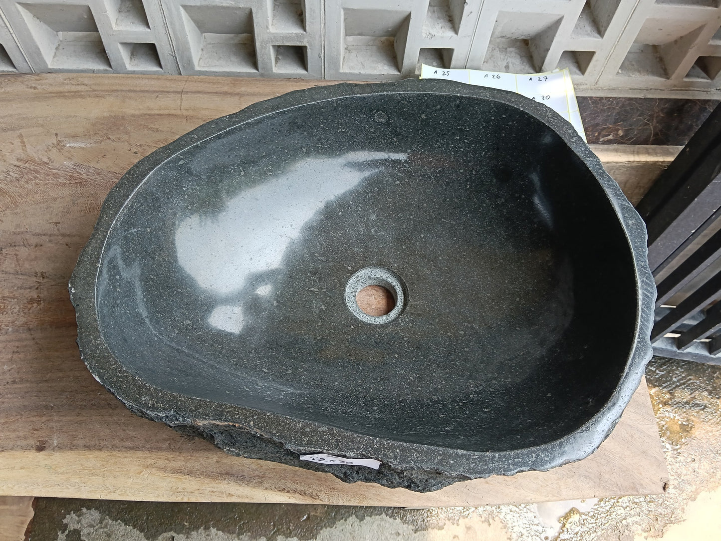 Top view of 6A21-5238 graphite andesite stone sink — handcrafted natural stone
