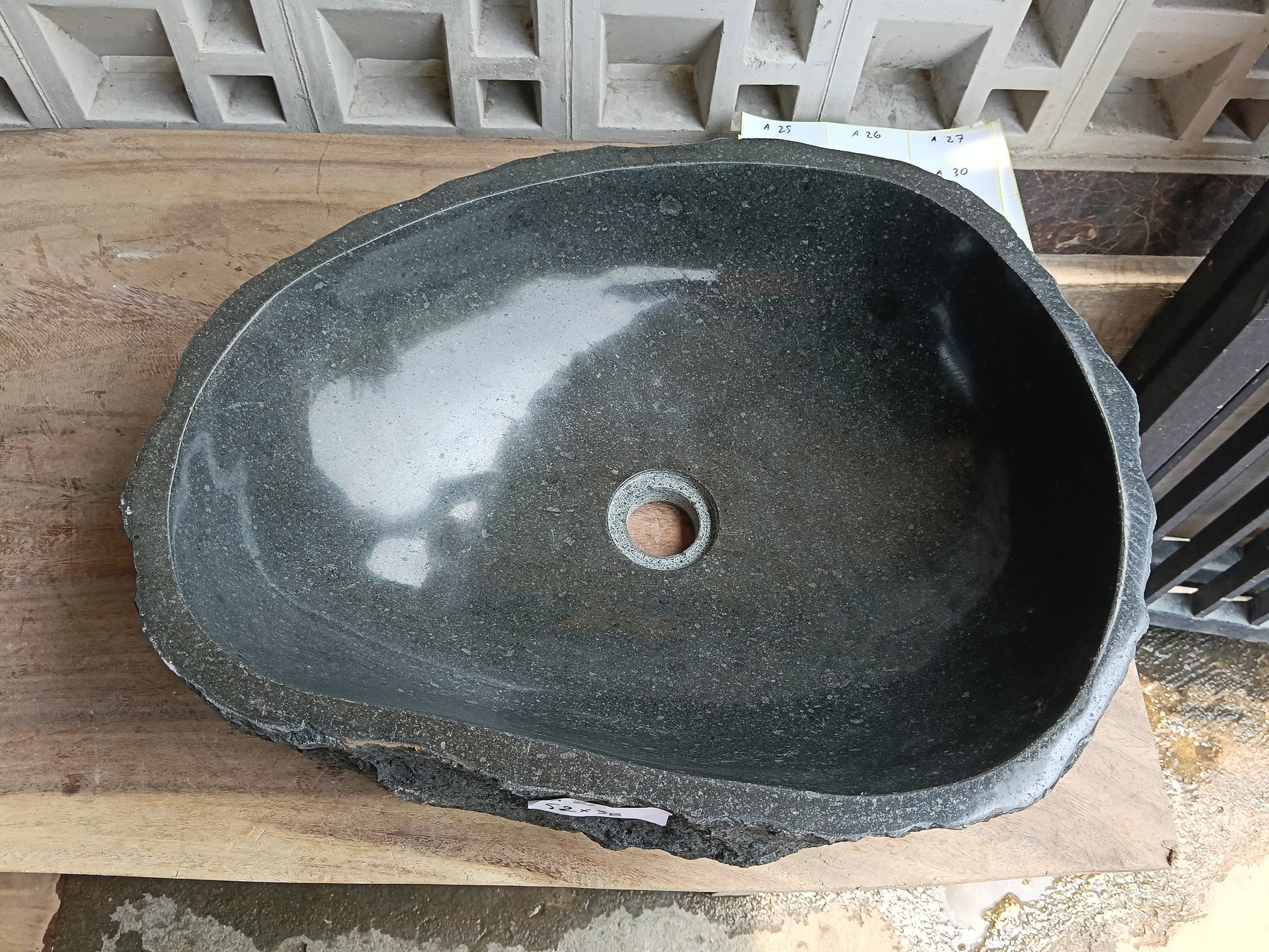 Top view of 6A21-5238 graphite andesite stone sink — handcrafted natural stone
