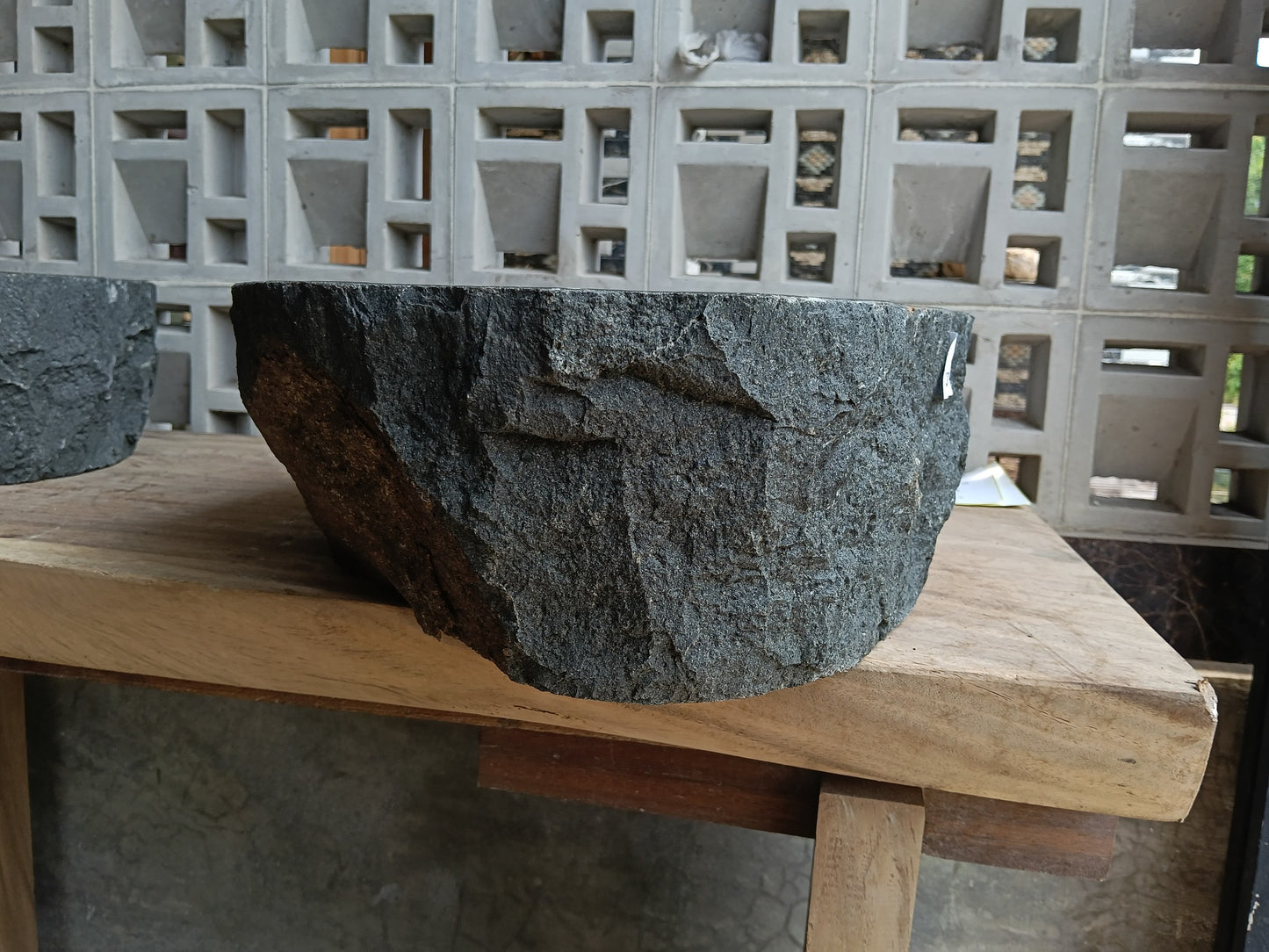Right side of 6A21-5238 handcrafted andesite vessel — natural graphite texture

